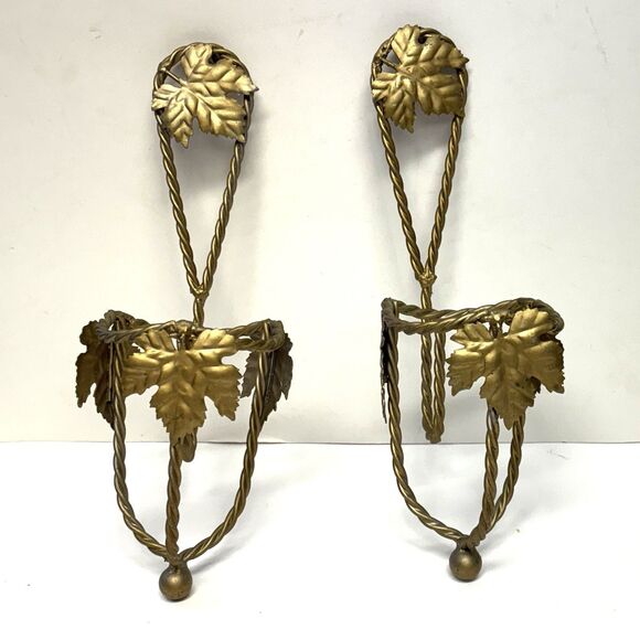 2 VTG Metal Wall Sconces Gold Tone Hanging Candle Holder Twisted Rope And Leaves - Picture 1 of 7